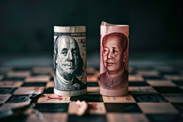 Rolled US dollar and Chinese yuan banknotes on chessboard. Concept of trade wars, currency exchange and economic rivalry