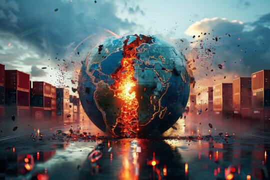 Damaged planet Earth breaking apart under impact of shipping containers. Global trade crisis. Concept of economic instability, supply chain disruption and financial collapse