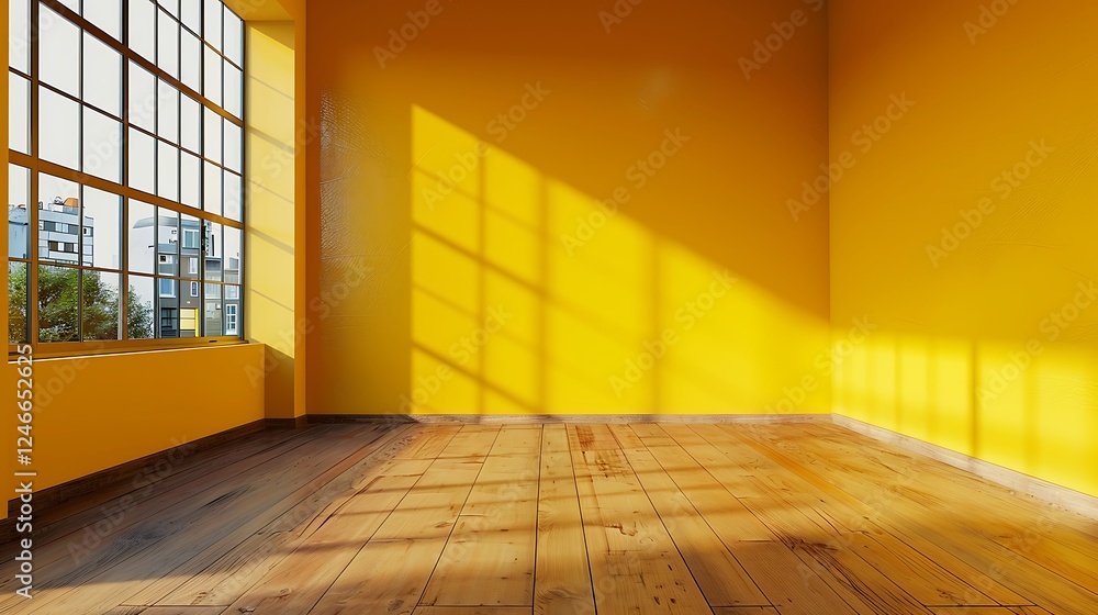 Poster empty room with yellow walls and floor and window with sunlight. 3d rendering
