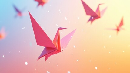 Colorful Paper Cranes Floating Gracefully Upward Against a Soft Gradient Background with Delicate Elements