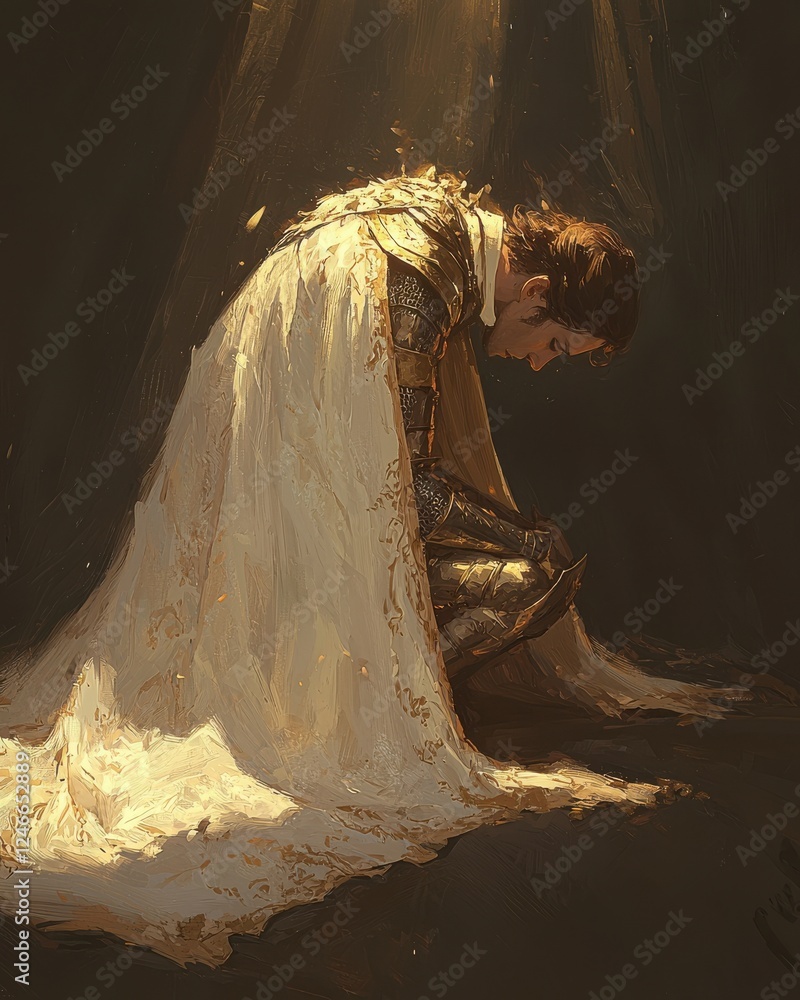 Poster knight in reflection dimly lit chamber digital art introspective mood close-up resilience and vulner