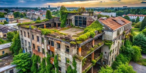 Fototapeta premium Aerial View of Poorly Constructed Building, Demolition Needed, Urban Renewal Project