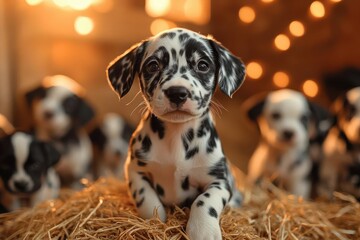 playful dalmatian puppies frolicking in rustic barn setting hay bales and warm sunlight streaming through wooden slats
