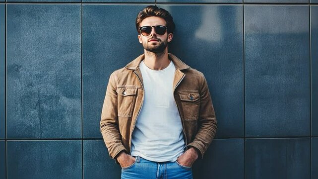 Urban Cool:  A young man with a ruggedly handsome face, clad in a timeless brown suede jacket, sunglasses, and blue jeans.