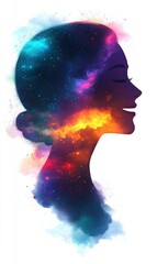 Woman's profile silhouette with colorful nebula mind, idea, imagination, creativity