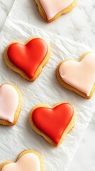 Obraz premium Beautiful Overhead Shot of Heart Shaped Cookies on Marble Surface with Colorful Icing