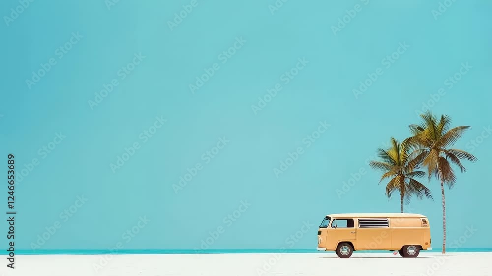 Poster minimalist slow motion animation showing a yellow van parked near palm trees on a tropical beach wit
