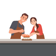 Couple Making Sushi Together. Happy couple wearing aprons enjoys preparing sushi together. Flat vector illustration isolated on white background
