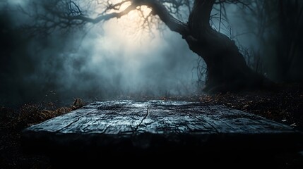 Obraz premium Mysterious Foggy Landscape with a Lone Tree and Atmospheric Light