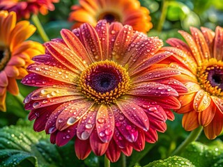 Aerial View of Vibrant Wet Gerbera Daisies in a Garden After Rain