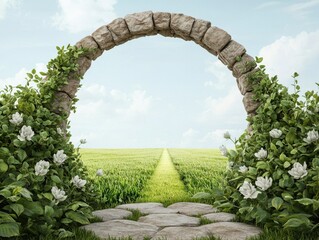 Fototapeta premium Serene Stone Archway Framed by Lush Greenery and White Flowers Leading to an Open Field Under a Bright Sky