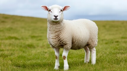 Fototapeta premium Cute and Fluffy Sheep Standing in a Green Meadow Under a Blue Sky