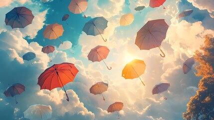 there are many umbrellas flying in the sky with the sun shining