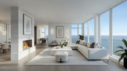 Modern Luxurious Living Room with Expansive Windows and Serene Ocean Views
