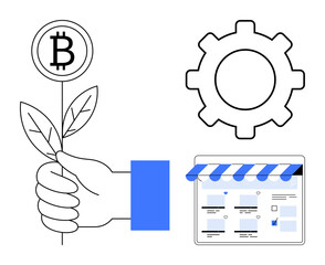 Hand holding Bitcoin flower, gear, online storefront interface Ideal for finance, technology, cryptocurrency, e-commerce, growth, innovation online business concepts. Minimalist abstract line flat