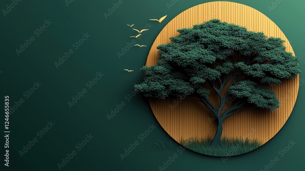 Poster artistic representation of a tree with a circular background in green and gold shades for creative p