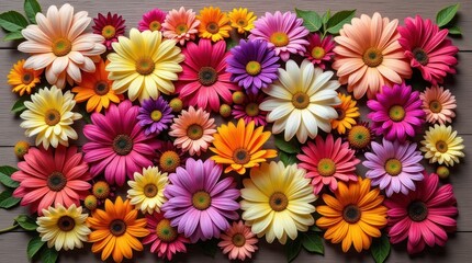 Fototapeta premium Colorful Dry Flowers Arranged on Wooden Surface for an Aesthetic Display