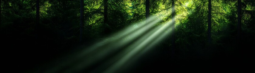 Obraz premium A serene forest scene with sunlight filtering through trees, casting rays of light onto the ground, creating a tranquil and mystical atmosphere.