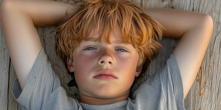 A young boy with freckled skin and tousled red hair lays back on weathered wood, gazing thoughtfully up at the sky under soft sunlight, embodying a moment of calmness
