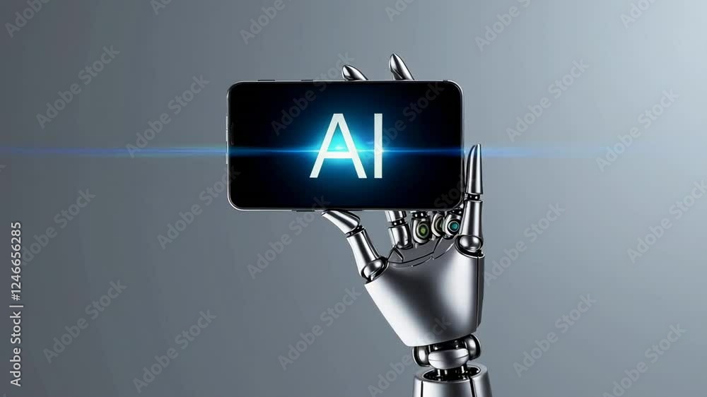 Poster metallic robotic prosthetic hand gripping sleek smartphone with glowing ai lettering, revealing cutt