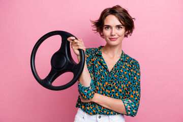 Photo of confident cheeful girl dressed print shirt hold steering wheel recommend try car sharing...