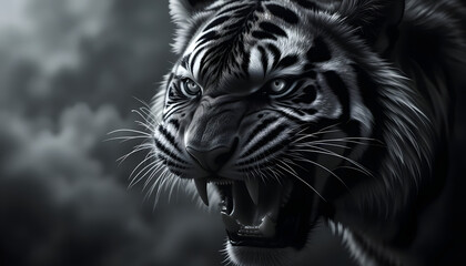 Obraz premium Roaring Tiger Close Up Monochrome Portrait
