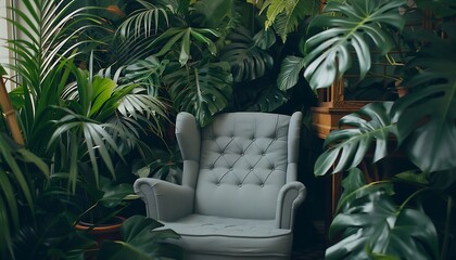 Living room interior with armchair and tropical plants. 3D rendering