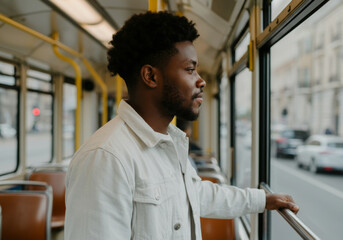 Pensive young black man riding in public city bus looking out window
