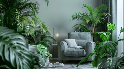 Living room interior with armchair and tropical plants. 3D rendering