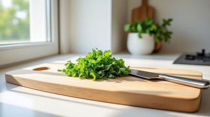 Freshly Chopped Herbs on a Wooden Cutting Board in a Minimalistic Kitchen