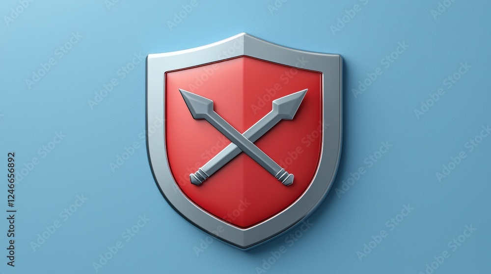 Aufkleber shield icon with crossed arrows on a smooth square background in vibrant red and silver color scheme