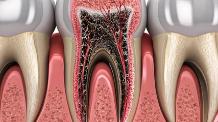 Detailed cross-section of a tooth showing decay, nerves, and underlying structure in a dental examination context