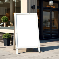 A blank white wooden sign mockup rests on a sidewalk outside a store. 