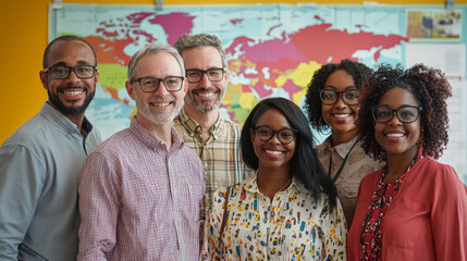 A a diverse group of business people standing in front of a world map and smiling at the camera, generative AI