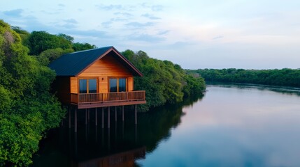Fototapeta premium Cozy Wooden Cabin Overlooking Tranquil Water Surrounded by Lush Greenery