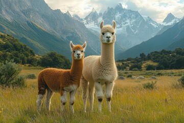 Fototapeta premium playful young alpacas frolicking in mountain meadow misty morning light creating dreamy atmosphere