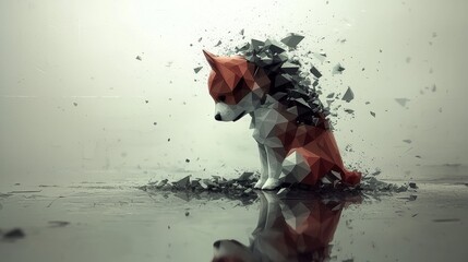 Abstract Disintegration of a Low Poly Dog Art Installation Digital Artwork Minimalist Environment Close-Up View Modern Concept