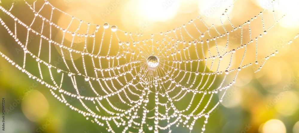 Wall mural sunlight shining through morning dew on a delicate spiderweb, creating a sparkling nature background