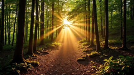 Fototapeta premium Golden Sunlight Filters Through Trees Along a Tranquil Forest Trail