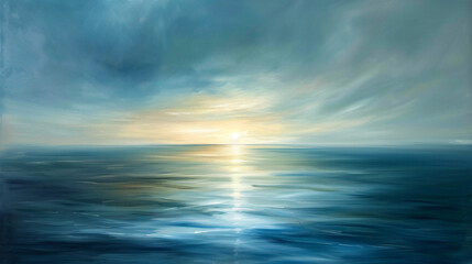 Fototapeta premium Tranquil Ocean Sunset Abstract Painting Evoking Serenity and Warmth with Blue Tones and Radiant Light