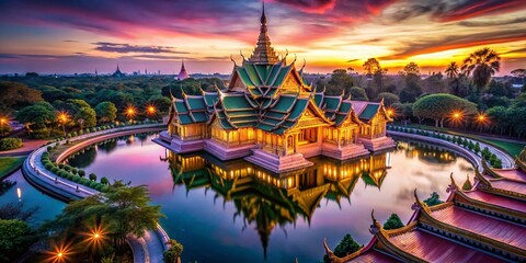 Obraz premium Ancient Thai Temple Aerial View, Muang Boran, Bangkok - Long Exposure Photography