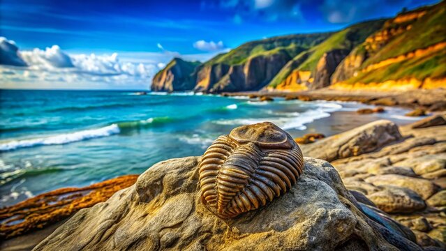 Ancient Trilobite Fossil in Rocky Landscape - Prehistoric Seascape Stock Photo