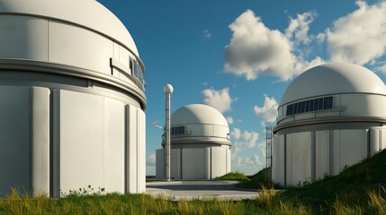 Modern Observatory Domes Under Bright Sky with Clouds and Green Grass