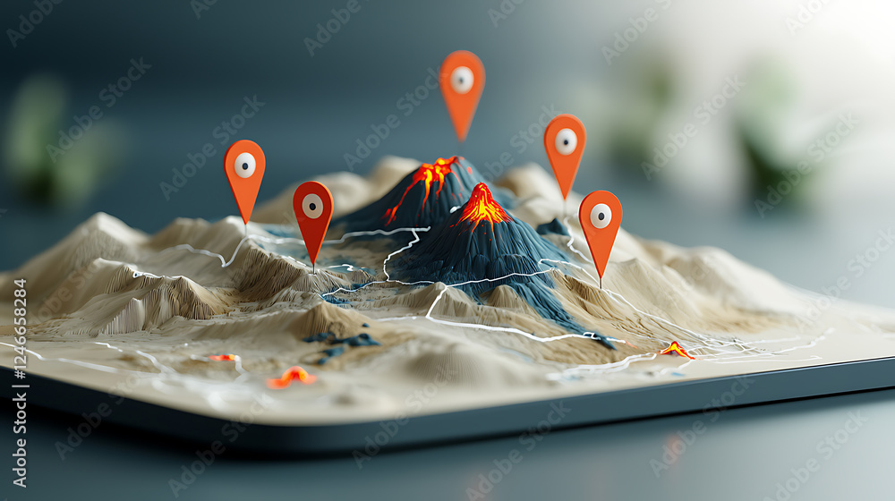 Poster volcanic eruption simulation 3d model visualization digital environment educational content aerial v