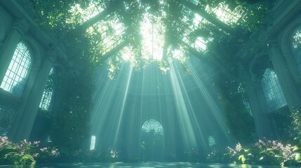 Obraz premium Exploring the enchanted greenhouse nature's serenity botanical garden digital artwork tranquil atmosphere wide angle illumination effects