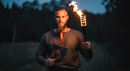 Bearded viking man holding torch and axe in forest at dusk