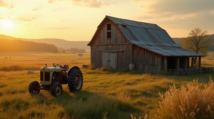 Obraz premium Rustic Barn and Old Tractor at Sunset in Rolling Fields