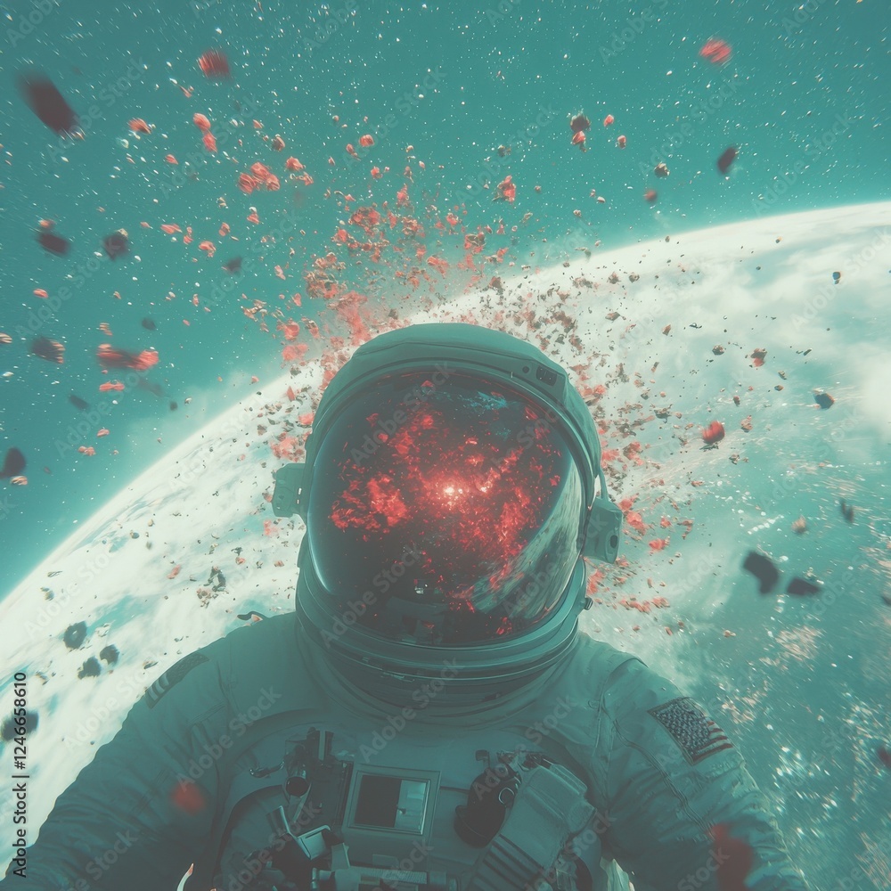 Poster astronaut encountering cosmic explosion outer space digital artwork sci-fi environment dramatic view
