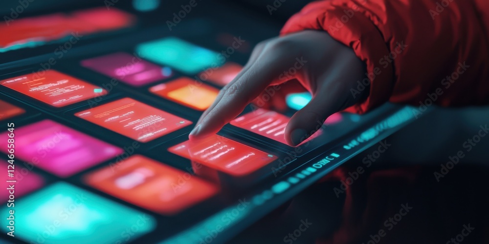 Poster a close-up of a hand interacting with a vibrant touchscreen display filled with colorful buttons, se