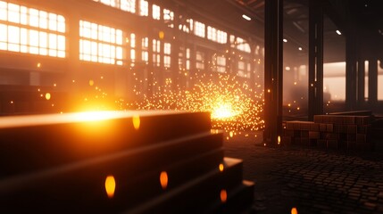 Glowing sparks illuminate a dimly lit industrial warehouse filled with stacked materials and shadows